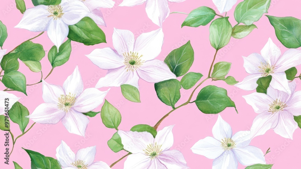 Seamless pattern featuring watercolor flowers of pink and white clematis on a pink background designed for fabric use Botanical illustration of flowers Seamless pattern featuring watercolor flowers of pink and white clematis on a pink background designed for fabric use Botanical illustration of flowers