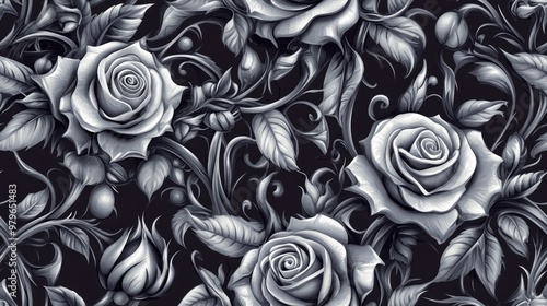 Fototapeta Naklejka Na Ścianę i Meble -  Detailed realistic tile pattern featuring roses leaves thorns and abstract decorative elements in a dark gothic graphic tattoo style Suitable for textiles clothing fabric and paper print designs