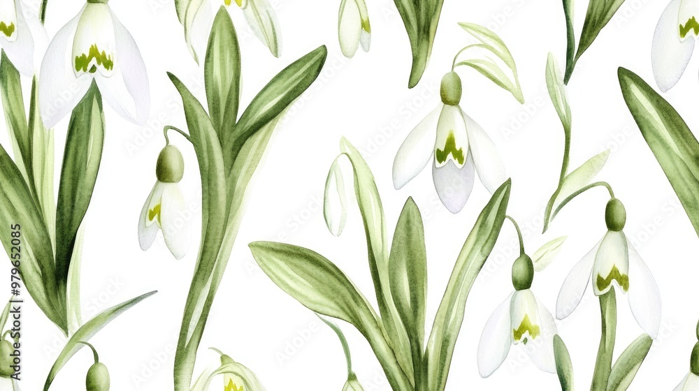 Fototapeta premium Watercolor pattern of spring flowers featuring seamless snowdrops Endless botanical background with floral illustrations