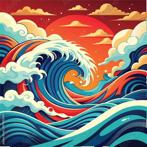 A Painting Of Ocean Waves With High Tides For Surfing illustration photo