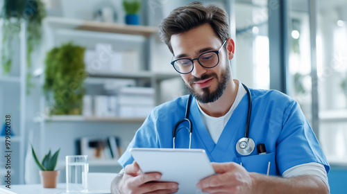 A smiling doctor wearing scrubs and a stethoscope gives medical advice to paitient via video call while working in a bright medical office. photo