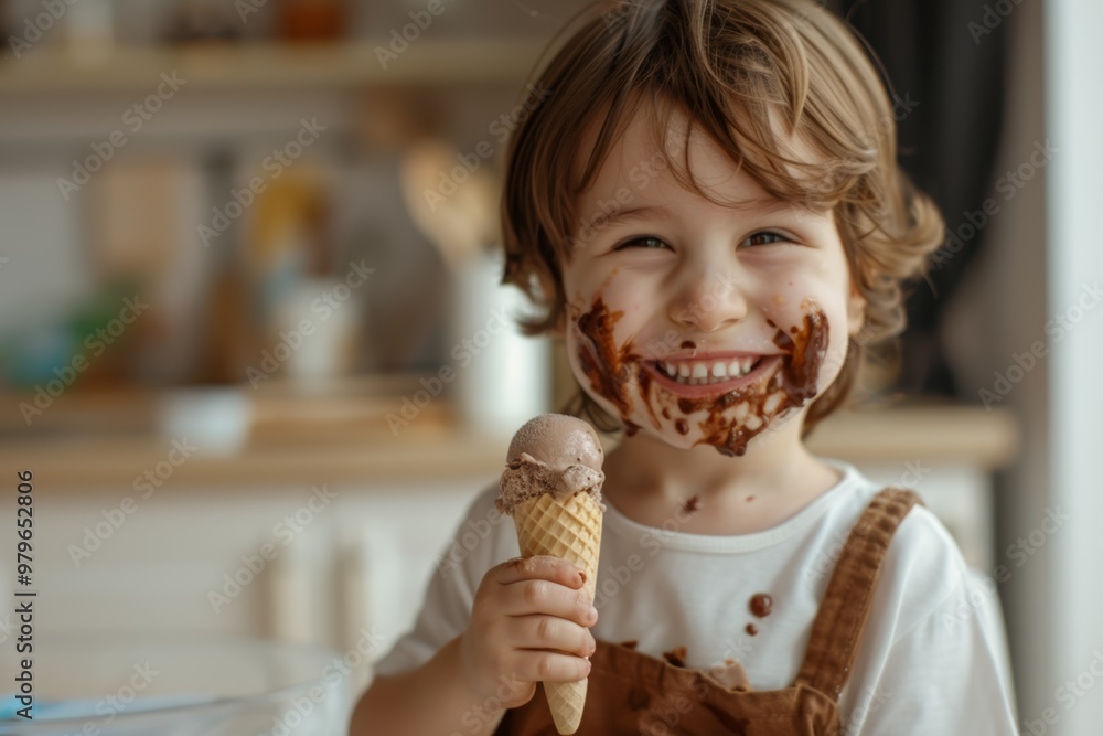 Happy boy long hair enjoys fresh air of sunny day. Kid's adorable brown hair shines natural light. Child giggles with every bite of ice cream. Happy boy long hair enjoys fresh air of sunny day. Kid's adorable brown hair shines natural light. Child giggles with every bite of ice cream.