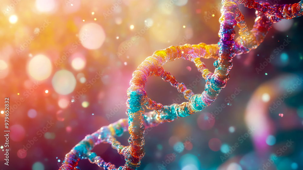 Close-up of a DNA double helix, a microscopic view with vibrant colors and a bokeh background. Close-up of a DNA double helix, a microscopic view with vibrant colors and a bokeh background.