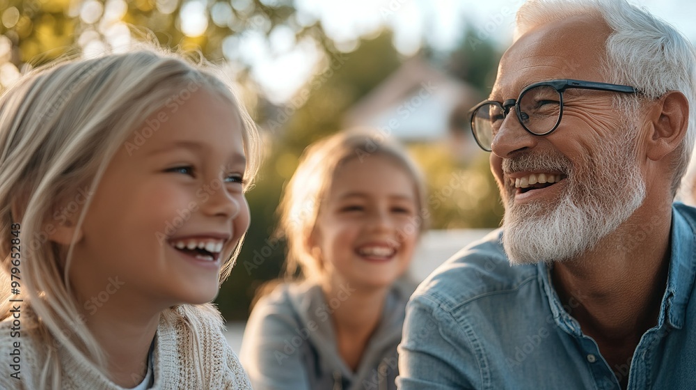 Grandfather shares joyful moments with two smiling grandchildren in a sunny park during late afternoon Grandfather shares joyful moments with two smiling grandchildren in a sunny park during late afternoon