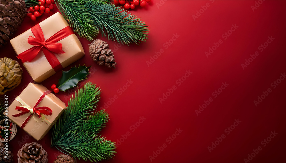 Festive Christmas Scene: Gifts, Pine Cones, and Holly on Red Background Festive Christmas Scene: Gifts, Pine Cones, and Holly on Red Background