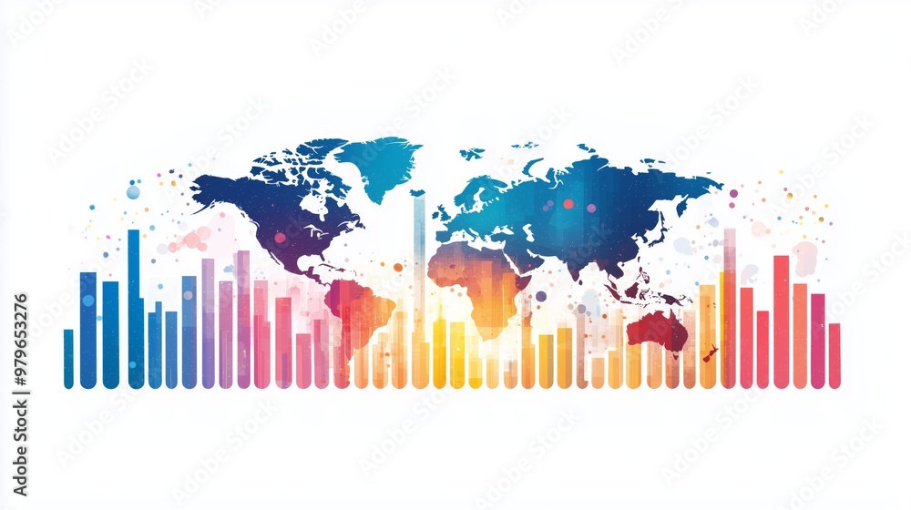 Fototapeta premium A colorful world map overlaid with bar graphs, illustrating global data trends, statistics, and economic analysis.
