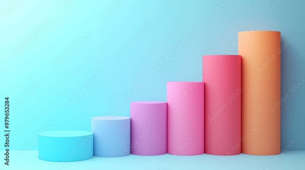 A colorful 3D bar graph with rising columns, set against a light gradient background, representing data analysis, growth, and statistics. A colorful 3D bar graph with rising columns, set against a light gradient background, representing data analysis, growth, and statistics.