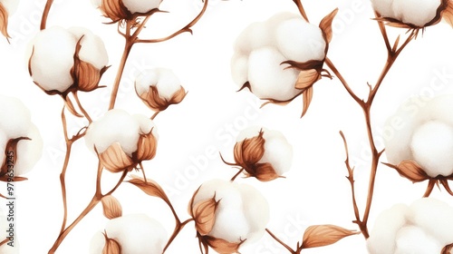 Seamless texture of cotton flower eco buds branches Hand drawn watercolor background featuring cotton balls Vintage botanical illustration on a white backdrop suitable for print poster fabric text photo