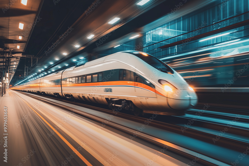 Long exposure high speed train in train station, High speed commuter train on railway. Long exposure high speed train in train station, High speed commuter train on railway.