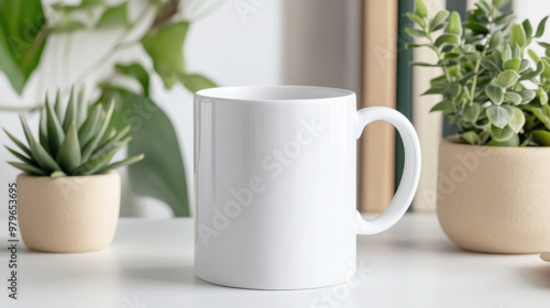 A simple white mug on white background, surrounded by green plants, creates serene and minimalist atmosphere. This composition highlights elegance of simplicity and nature