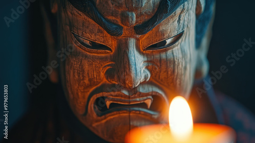 Haunting Close-up of Japanese Noh Mask: Vengeful Spirit on Halloween Night