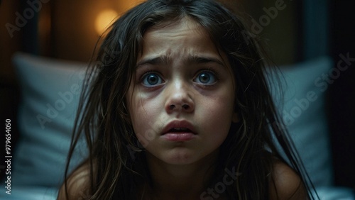 An expressive sloseup portrait of a scared stressed worried young girl with messy hair and eyes wide open, crying in her bed. Nightmares or domestic violence child abuse illustration concept. photo