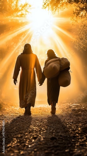 Jesus walking alongside a person struggling with heavy burdens, glowing light symbolizing support