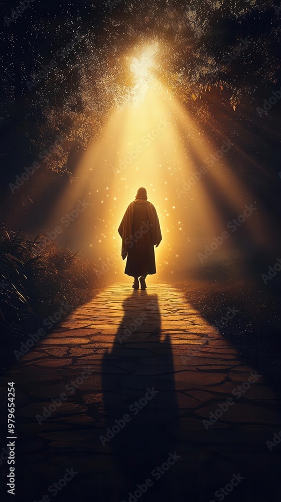 Fototapeta premium Jesus walking alongside a person struggling with heavy burdens, glowing light symbolizing support