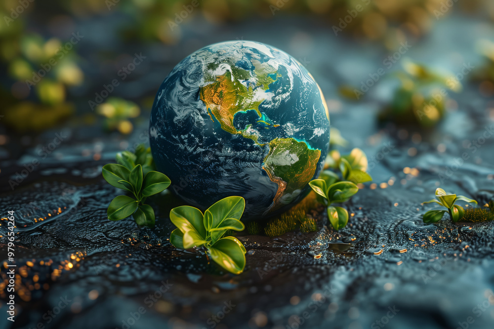 Earth globe with green leaves sprouting from it. Earth globe with green leaves sprouting from it.