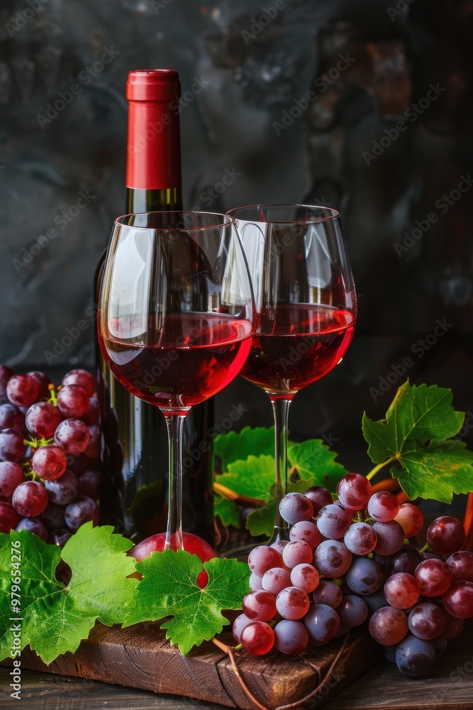 Obraz premium Wine glass grape with background of grape plantation winery