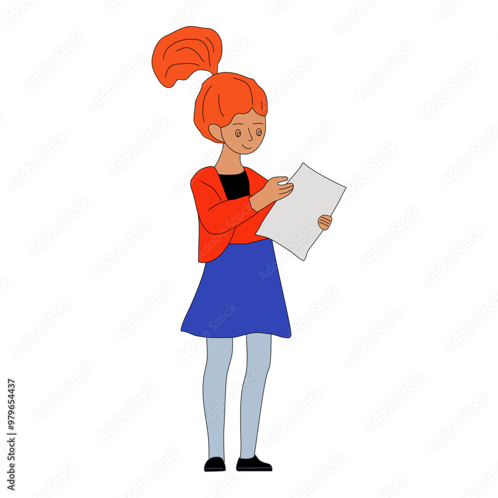 Girl reads documents with pleasure. Good news. Young girl in comfortable clothes and with backpack is reading document. Flat vector illustration on white background for your design. Girl reads documents with pleasure. Good news. Young girl in comfortable clothes and with backpack is reading document. Flat vector illustration on white background for your design.