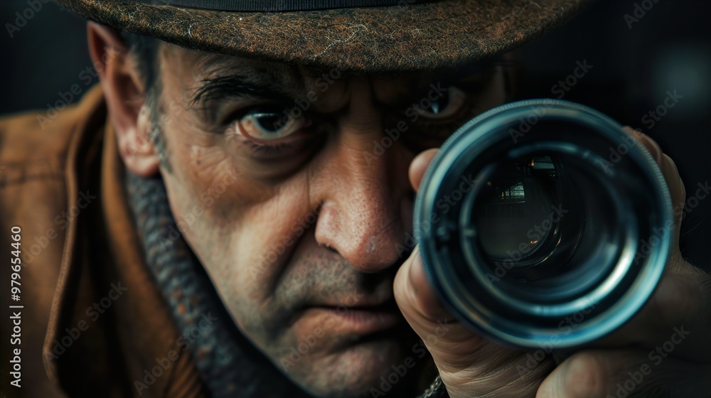 Close-up portrait of a man in a fedora looking through a vintage camera lens.