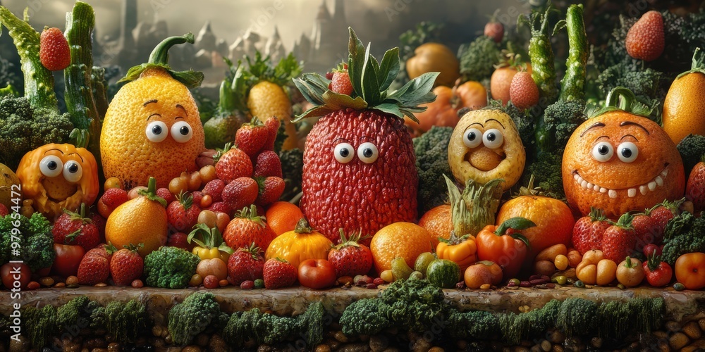 An enchanting cityscape where every corner features animated fruits and veggies adding charm to the environment An enchanting cityscape where every corner features animated fruits and veggies adding charm to the environment