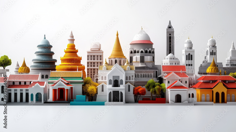 Naklejka premium Architectural Model of Diverse Religious Buildings