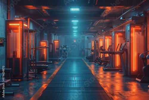 Fototapeta Naklejka Na Ścianę i Meble -  A gym with orange walls and neon lights
