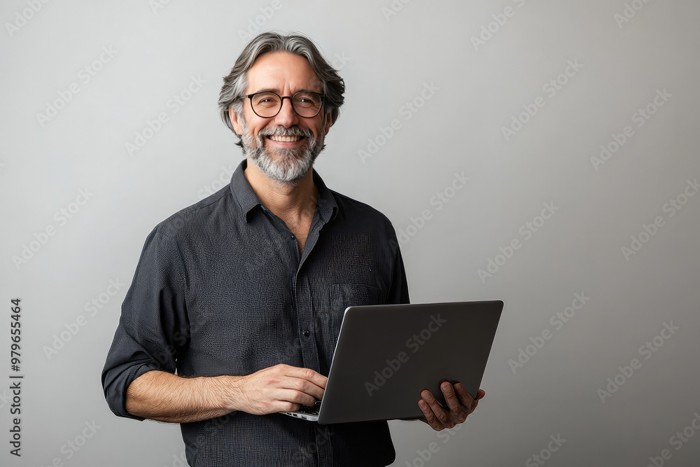 Stylish Middle-Aged Man Smiling While Holding a Laptop Stylish Middle-Aged Man Smiling While Holding a Laptop