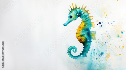 Watercolor seahorse swimming in blue and yellow watercolor splashes