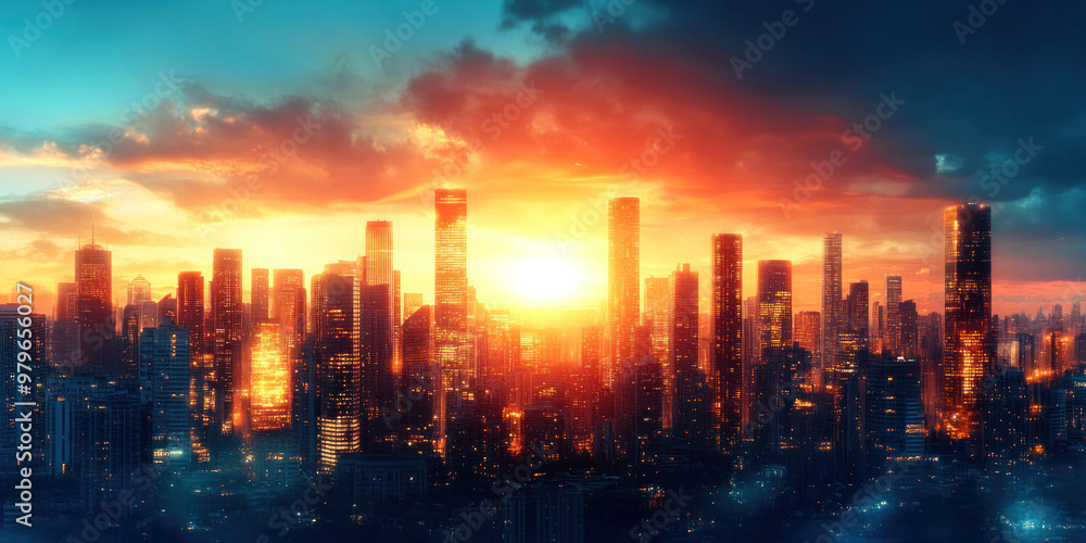 Fototapeta premium A panoramic view of a city skyline at dawn, the sun just beginning to rise behind the towers.