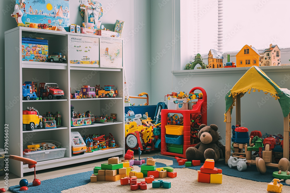 Naklejka premium Kindergarten room with plenty of toy for kid, Interior design of classroom for child with education equipment.