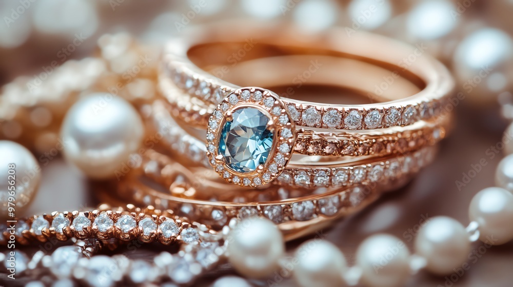 A close-up view of elegant gold rings adorned with shimmering gems, surrounded by classic pearl necklaces, showcasing luxury and beauty. A close-up view of elegant gold rings adorned with shimmering gems, surrounded by classic pearl necklaces, showcasing luxury and beauty.