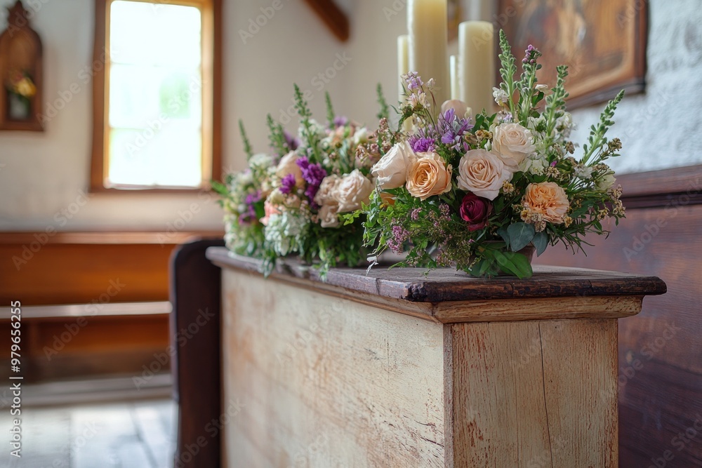 Fototapeta premium Floral Arrangement on a Rustic Wooden Table in a Church Interior