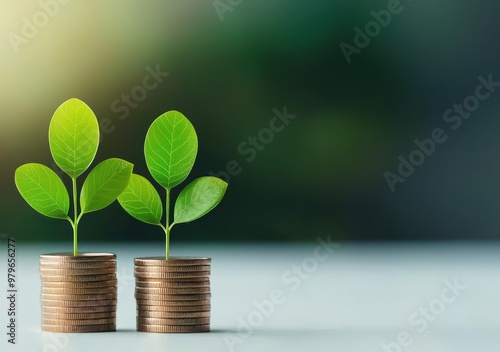 Two small green plants sprout from stacks of gold coins, representing growth and financial success.