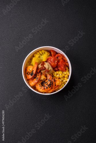 Boiled tiger shrimps with porridge, tomatoes and corn