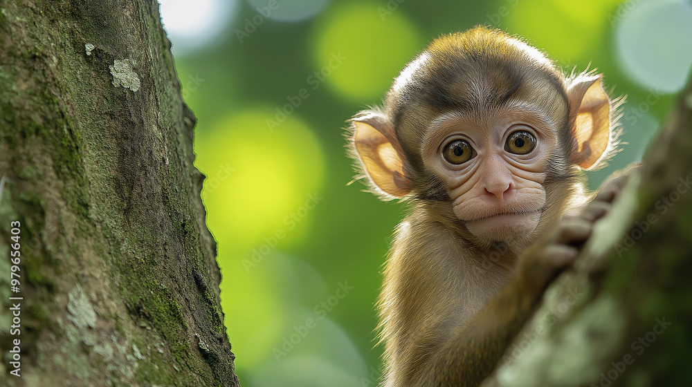 Baby monkey holding on a tree branch looking innocent Baby monkey holding on a tree branch looking innocent