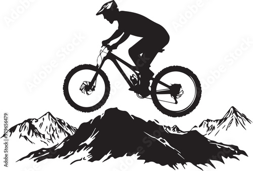 Mountain biker navigating rugged silhouette on white background
