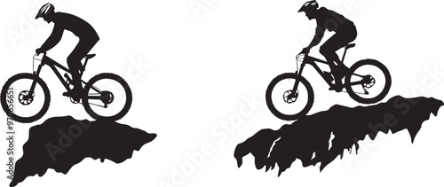 Mountain biker navigating rugged silhouette on white background