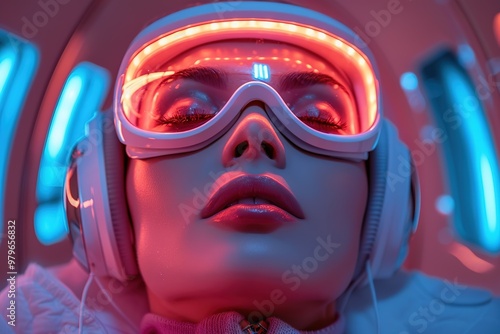 A woman wearing a pair of headphones and goggles