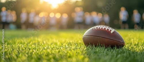 Close up view of a American football resting on green grass, with players practicing in the background under a warm sunset glow. photo