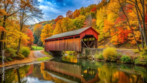 Vibrant fall foliage surrounds the historic covered bridge spanning the serene Mohican River, nestled along the Mohican Valley Trail in picturesque Knox County, Ohio. photo