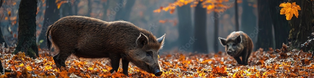 wild boars in the autumn forest. Selective focus wild boars in the autumn forest. Selective focus