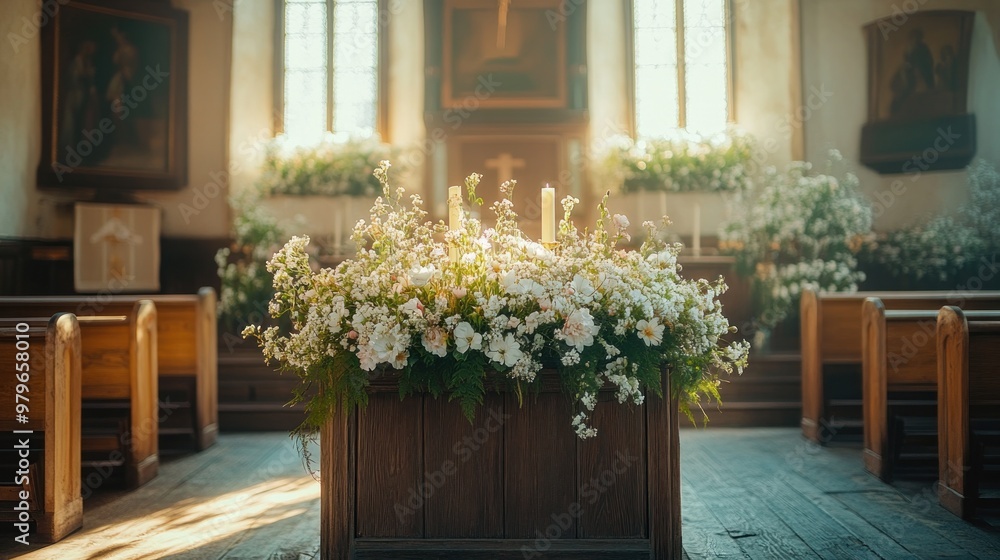 Fototapeta premium A Floral Arrangement with Candles in a Church Interior