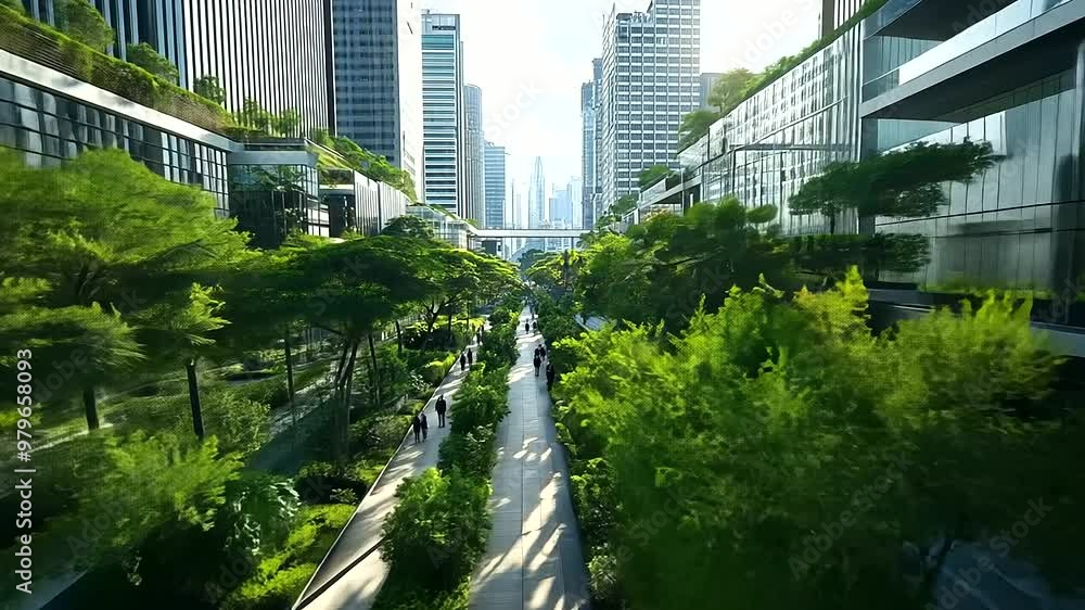 An urban area with modern, energy-efficient skyscrapers, lush green ...