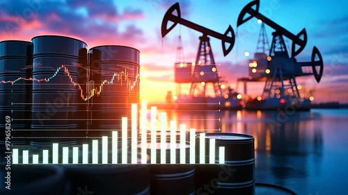 Oil barrels stacked high with a glowing stock chart overlay, offshore rigs silhouetted against a vibrant sunset