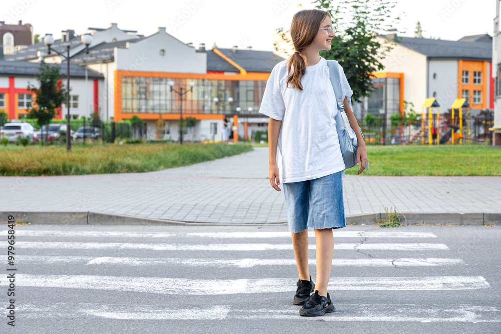 The girl goes to school. A schoolgirl crosses a pedestrian crossing. Background of the school. The girl goes to school. A schoolgirl crosses a pedestrian crossing. Background of the school.