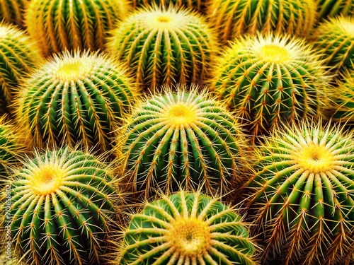 Vibrant golden barrel cactus texture background, showcasing intricate spines and rounded shape of Echinocactus grusonii, a species endemic to east-central Mexico's arid landscapes.