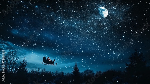 A magical winter night with Santa's sleigh gliding through a starry sky, surrounded by a serene, snowy landscape and glowing moon. photo