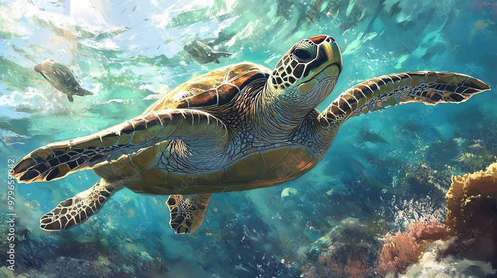 Fototapeta premium A majestic sea turtle glides through crystal-clear waters, showcasing vibrant coral and marine life in a serene underwater habitat.