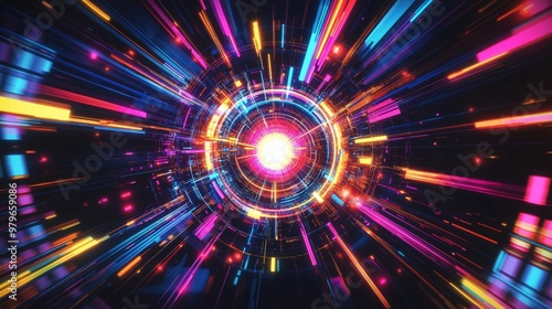 A vibrant futuristic abstract design featuring a central explosion of neon lights in bright pink, blue, and yellow hues, radiating outward in dynamic energy and creating a sense of motion