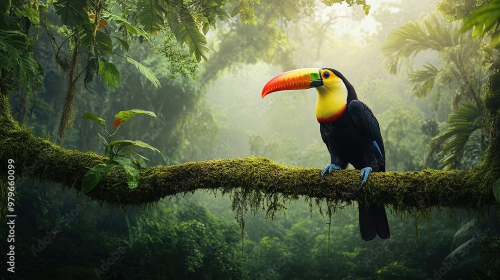A toucan perched on a mossy branch in a lush, tropical rainforest. A toucan perched on a mossy branch in a lush, tropical rainforest.