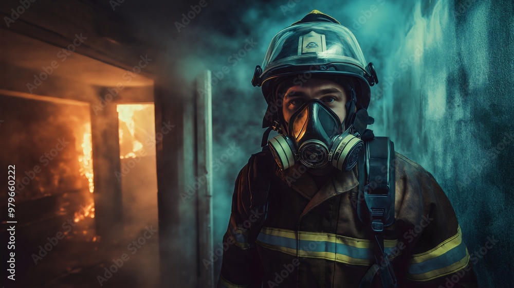 Brave firefighter fireman in uniform with helmet and mask, firefighting dangerous heat fire flames in a burning house, providing emergency service and protection, a heroic occupation Brave firefighter fireman in uniform with helmet and mask, firefighting dangerous heat fire flames in a burning house, providing emergency service and protection, a heroic occupation